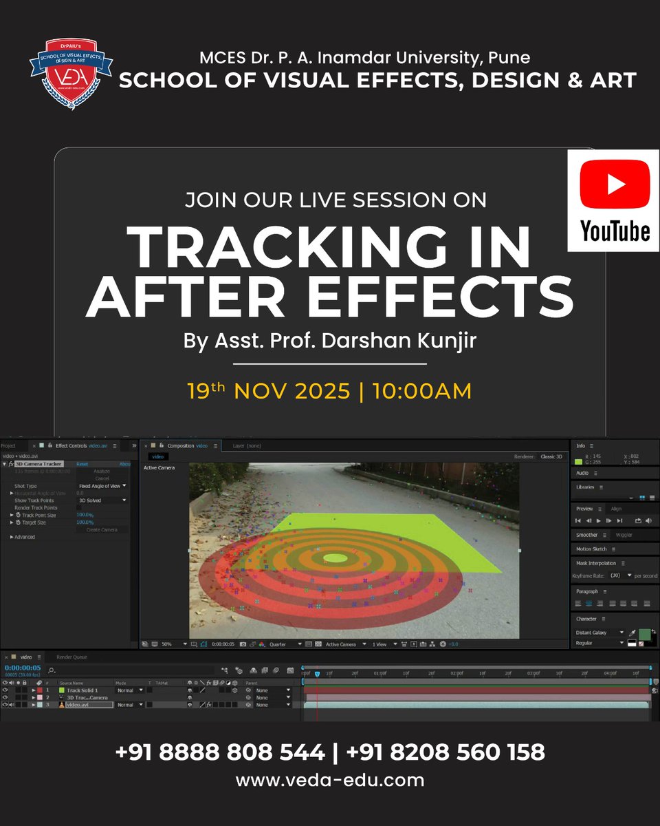 VEDA_PUNE's tweet photo. Join Us LIVE
https://t.co/8EXIBkt8iY
Get more information on different types of tracking & also know software’s used for tracking from Prof. Darshan Kunjir.
#VFX #VEDACollege #drpaiu #onlinesessions #punecity #punekars #aftereffects #adobe #youtube #livesessons https://t.co/EvLTKTQMno