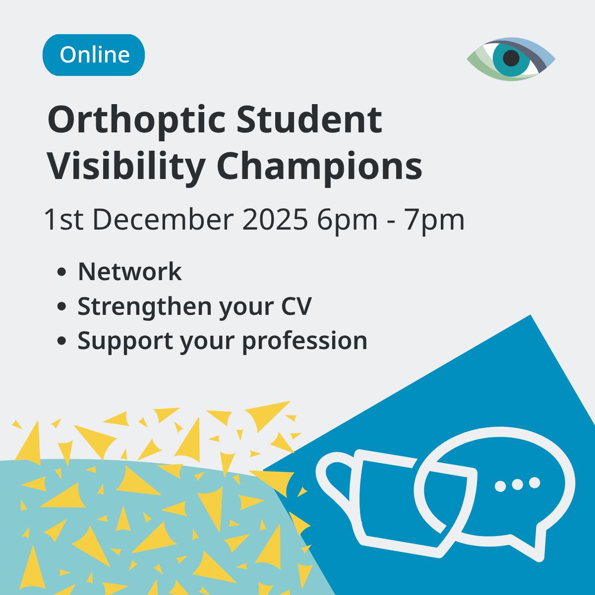 BIOS_Orthoptics's tweet image. We&apos;re looking for orthoptic students to join our network of visibility champions to promote the profession.

Join us on the 1st December to find out more. Register by emailing visibilityleads@orthoptics.org.uk.