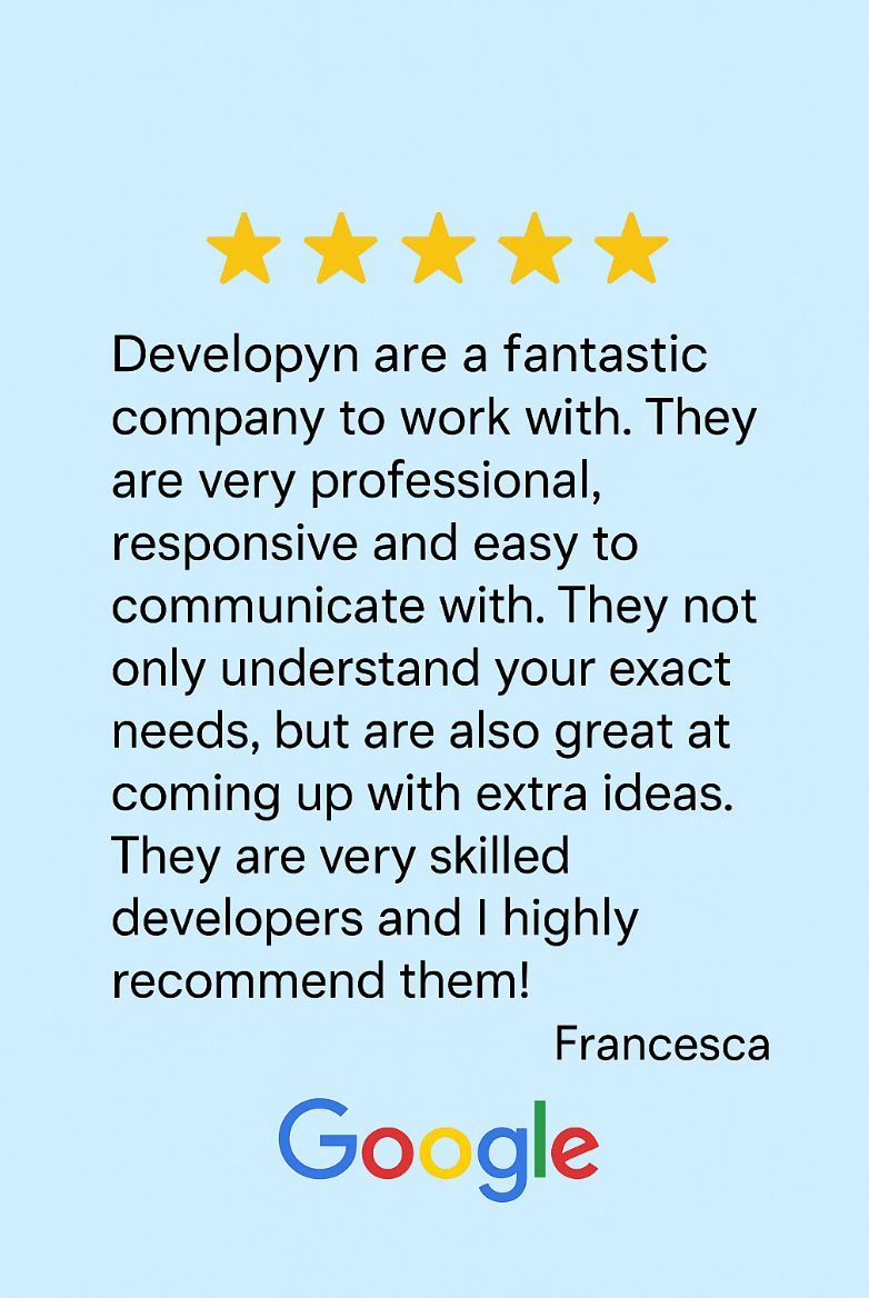 developyn's tweet image. We love client reviews at Developyn! Don’t just take our word for it, see what our customers say about working with us. Your trusted partner for websites, apps &amp;amp; bespoke software. developyn.com #Developyn #ClientReview #SoftwareDevelopment #DigitalTransformation