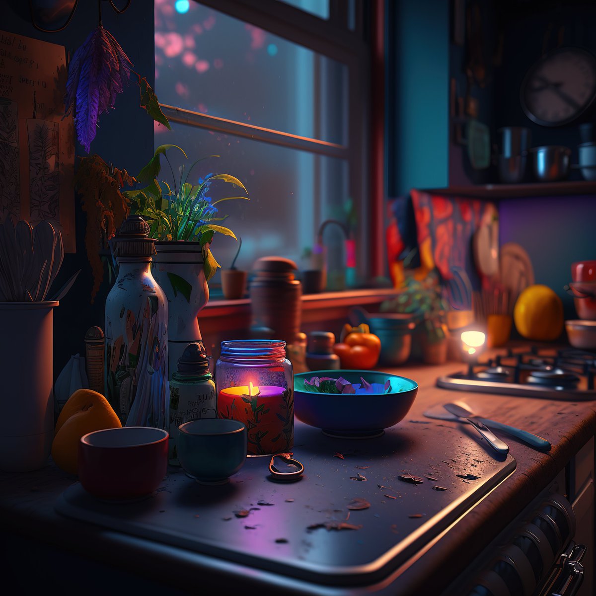 NoBanksNearby's tweet image. 4:09 AM - a lone candle glows, painting the quiet kitchen in moody blues and vibrant purples. This is the stillness before dawn, a moment to just *be*.

#ProgrammableArt #RareNFT #ConsciousLiving #DigitalZen #MorningMindfulness