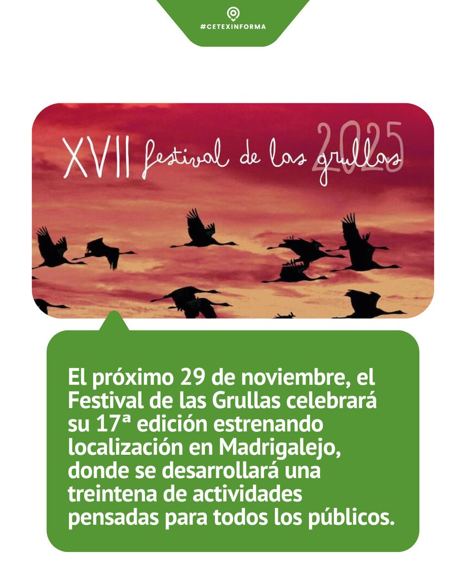 #CetexInforma El próximo 29 de noviembre, el Festival de las Grullas  celebrará su 17ª edición estrenando localización en Madrigalejo.
regiondigital.com/noticias/cacer…
Fuente y 📸: Región Digital
#representatividadsectorial