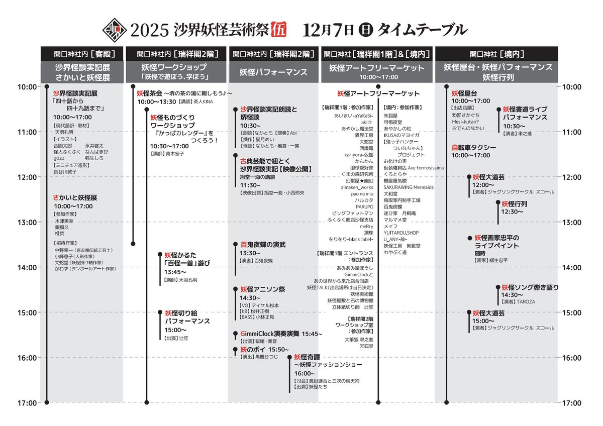 sakai_yokai's tweet image. 沙界妖怪芸術祭 伍
タイムテーブルが出ました！！

こうして見ると
たくさんの人や妖怪さんや
作家さんやアーティストさんやパフォーマーさんに
関わってもらって
イベントが成り立っているんだなって思う

みんな、ありがとう〜
妖怪の実家にかえっておいでっ
祭で盛りあがろうね
＃堺で妖怪