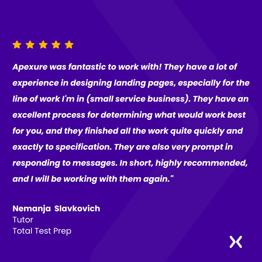 apexure's tweet image. Another happy client!

Loved crafting a smooth and high-performing landing page for Total Test Prep,  excited to see the impact already. 🚀

Grateful for the trust. 💜

#Apexure #ClientTestimonial #LandingPages #WebDesign #DigitalMarketing #CRO #UXDesign #BusinessGrowth