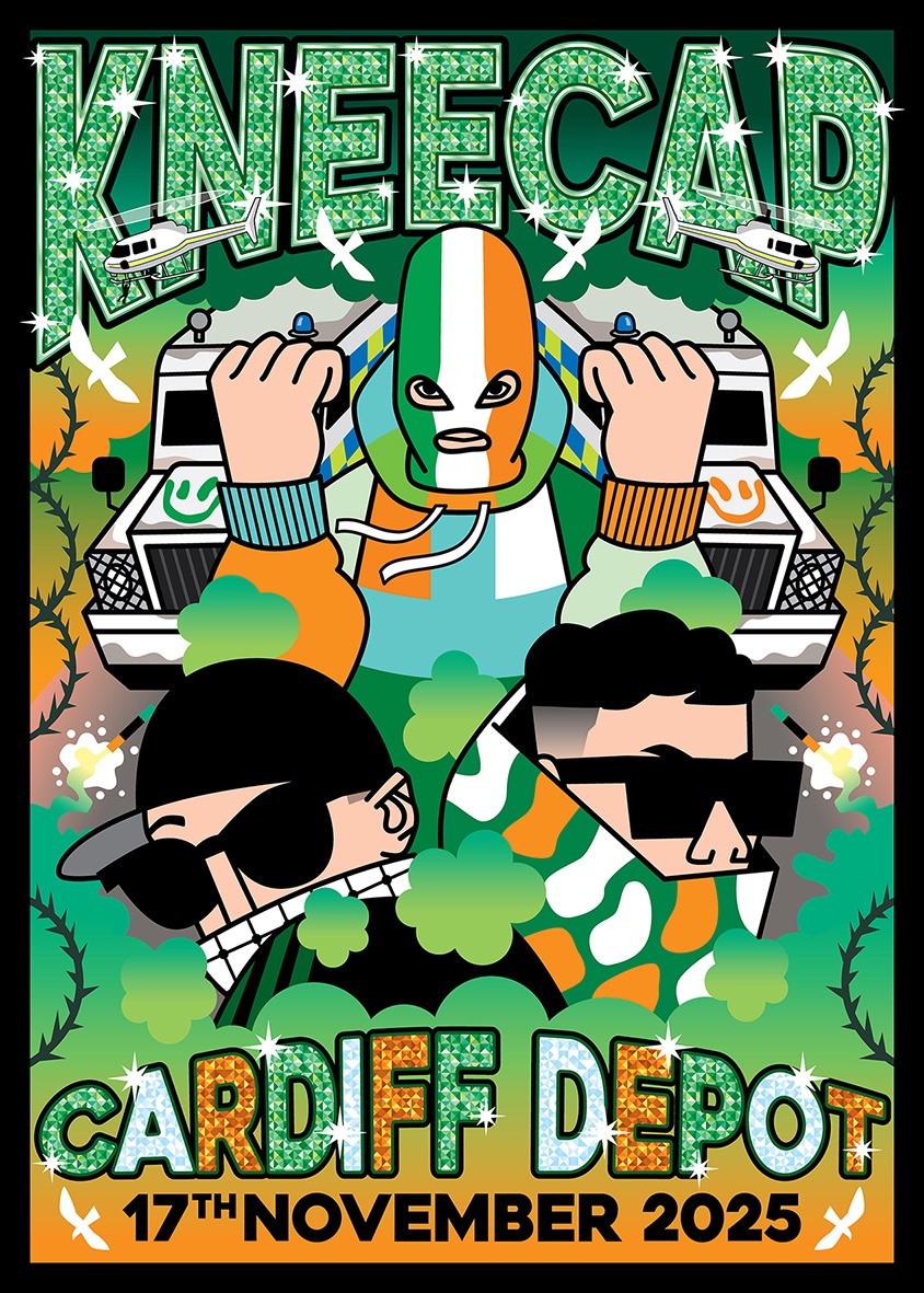 petefowlerart's tweet image. Made this merch poster for Kneecap's gig in Cardiff last night.