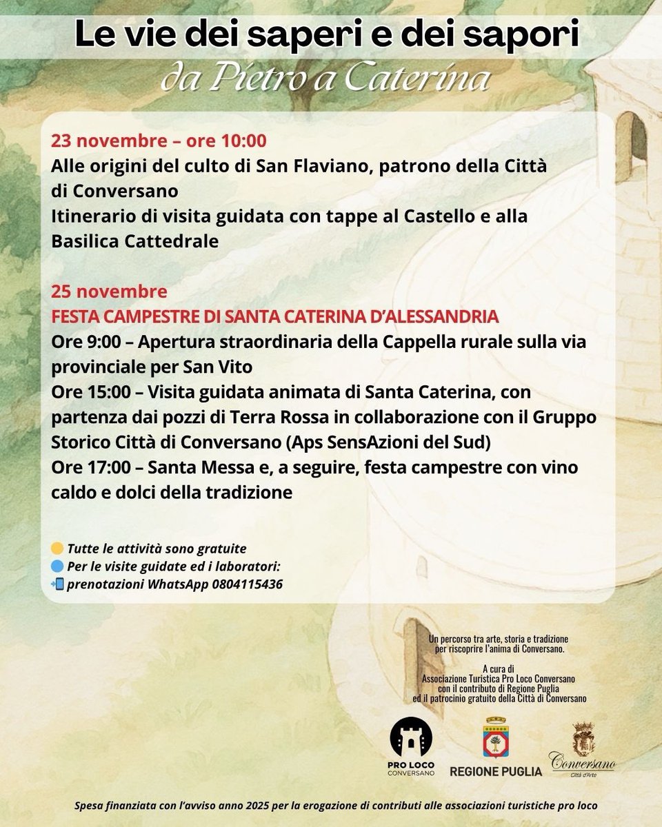 Le vie dei saperi e dei sapori da Pietro a Caterina, un’attività di animazione territoriale promossa dalla Pro Loco Conversano con il sostegno della Regione Puglia e il patrocinio della Città
#regionepuglia #ProLoco #Unpli #UnpliPuglia #WeAreinPuglia
#EmozioniDaVivere #Conversano