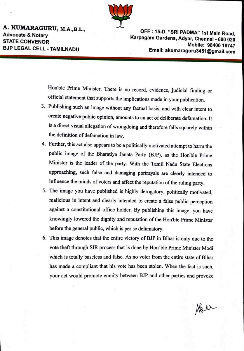 tnbjplegalcell's tweet photo. Our Tamilnadu BJP legal cell state president shri. @guru_adhi sir Issuance of a legal notice regarding the defamatory caricature of the Prime Minister of India against @vikatan 
Vikatan  should remove the caricature from the print edition and demand an unconditional appology. https://t.co/bQOS5fh9bL