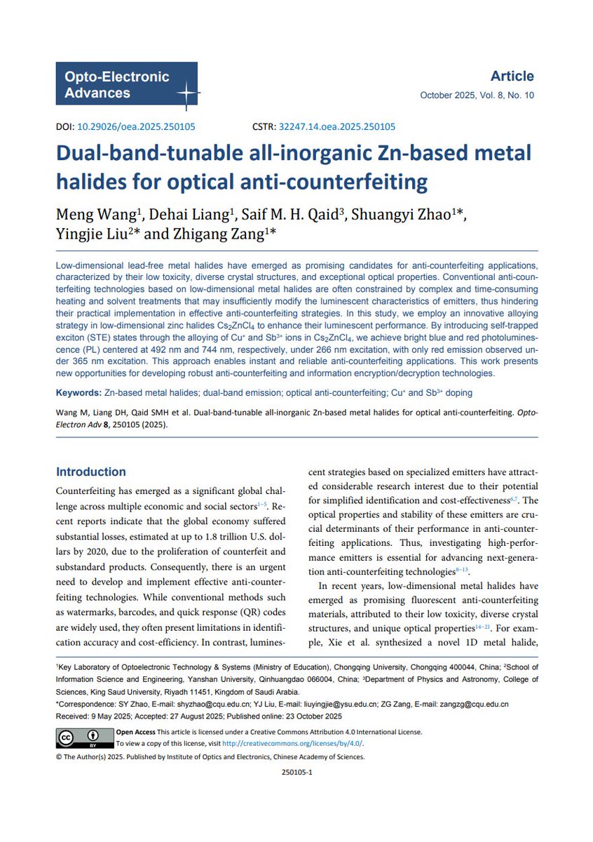 OptoElectronAdv's tweet photo. #OEA_highlight Dual-band-tunable all-inorganic Zn-based metal halides for optical anti-counterfeiting https://t.co/0ZNurj8ZZe by Prof. #Yingjie_Liu @#Yanshan_University #Shuangyi_Zhao #Zhigang_Zang @CQU1929 #metal_halides #dual_band #emission #optical #anti_counterfeiting #doping https://t.co/sqOlym38Tm