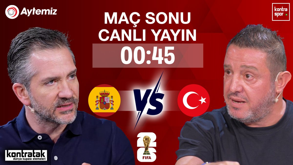 🆚 İspanya - Türkiye
🏆 2026 Dünya Kupası Elemeleri
▶ 00.45

🗣️ <a href="/nebilevren/">Hussein Nebil Evren</a> ve <a href="/NihatKahveci8/">Nihat Kahveci 🇹🇷</a> maç sonunu canlı yayınla Kontratak'ta değerlendiriyor.

<a href="/AytemizOfficial/">Aytemiz</a>

📺 youtube.com/live/olR8H4nBE…