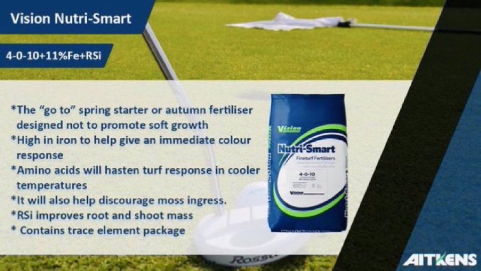 Vision Nutri-Smart | A cutting-edge range of complex high performance granular fineturf fertilisers with a multitude of benefits. Nutri-Smart 4-0-10 - The ‘go to’ fertiliser designed not to promote soft growth… 🌱⛳️ <a href="/Aitkens_turf/">𝔸𝕀𝕋𝕂𝔼ℕ𝕊</a> | #NutriSmart