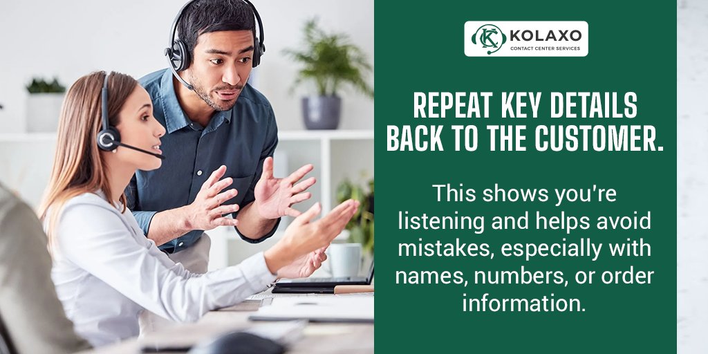 kolaxoccs's tweet image. Repeat key details back to the customer.
This shows you’re listening and helps avoid mistakes, especially with names, numbers, or order information.
.
#CallCenterSolutions #CustomerServiceTips #BusinessGrowthUSA
#CXStrategy #ContactCenter #USAB2B #CallCenterAgents #OutsourcingUSA