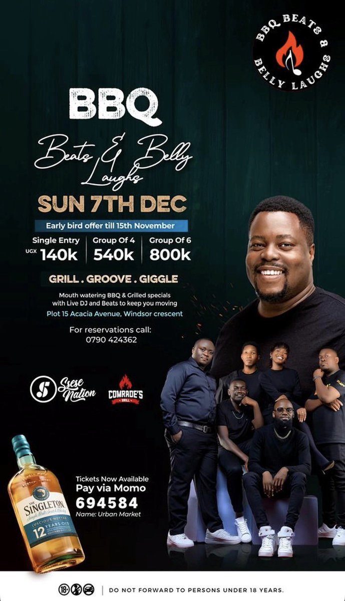 BBQ, Beats &amp; Belly Laughs – Edition 2
📅 7th December | Hosted by <a href="/Comrade_Otoa/">Tony Otoa</a>

🎶 Zaabu Band bringing the live groove
🎧 <a href="/DJ_Ssese/">Uncle DJ</a> (<a href="/SseseNation/">Ssese Nation</a>) taking over the decks
🍖 <a href="/Comrade_Otoa/">Tony Otoa</a> serving up smoky, juicy cuts on the grill

Round up the crew — laugh loud &amp; vibe harder!