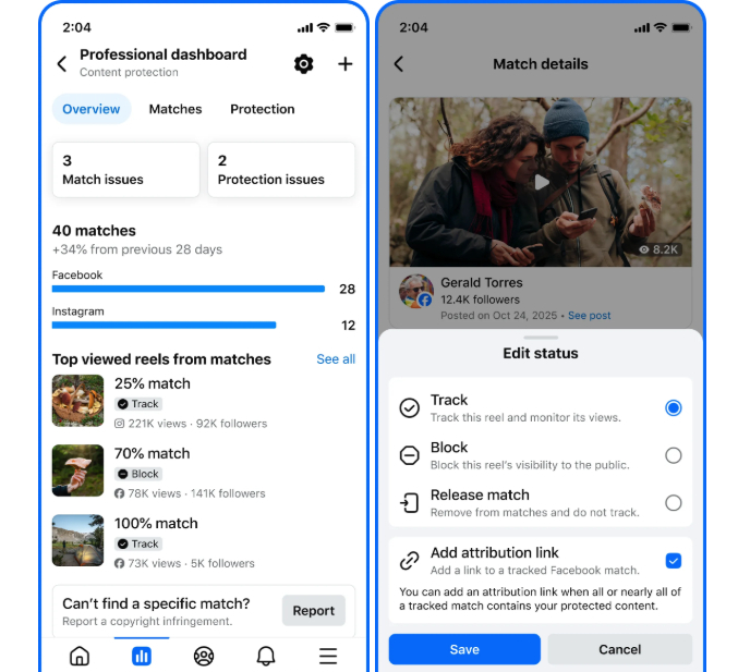 【Facebookリールの「パクリ」対策が強化👹】

Metaが、リールの無断転載を自動検知する「コンテンツ保護」機能を発表しました

有効化すると、自分のリールと一致する動画を検出し、
Track（公開のまま計測）／Block（非表示）／Release（公開を許可）から対応を選択。