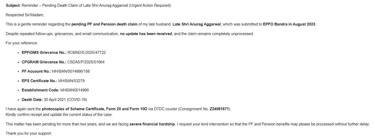 Urgent – long pending EPFO death claim.

My father passed away due to Covid on 30 Apr 2021. We are facing financial hardship. I have submitted all PF &amp; EPS death claim documents multiple times, but got no update from RO Bandra.

<a href="/officialepfo/">EPFO</a> <a href="/LabourMinistry/">Ministry of Labour & Employment, GoI</a> <a href="/epfobandra/">EPFO RO BANDRA</a>