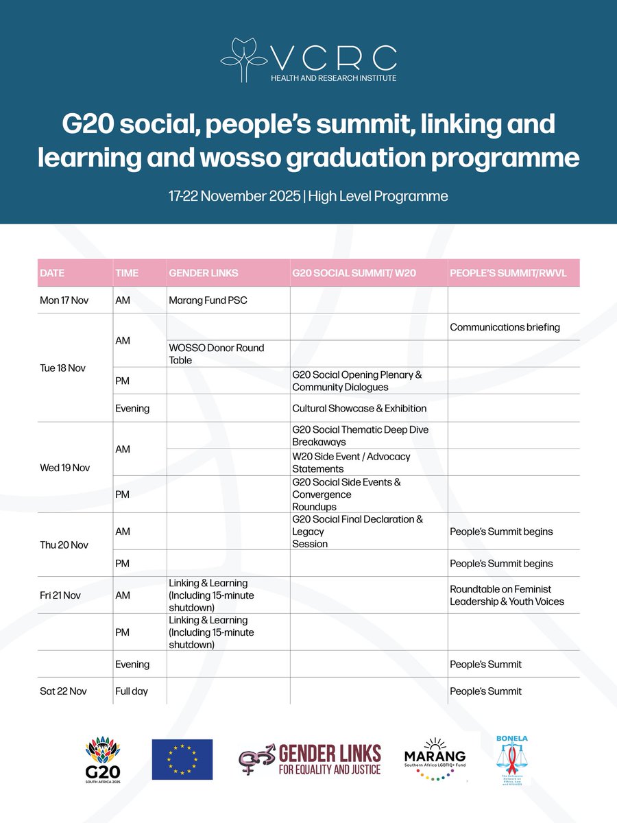 vcrc_namibia's tweet photo. VCRC Namibia at the G20 Summit| Join the Institute at the G20 Summit. We will be engaged in the High Level Programme with our partners from Gender Links, the European Union, Marang Fund, BONELA, including partners from Global Affairs Canada & WOSSO Fellows.
#G20 #VCRCNamibia https://t.co/RpbqyPf66Z