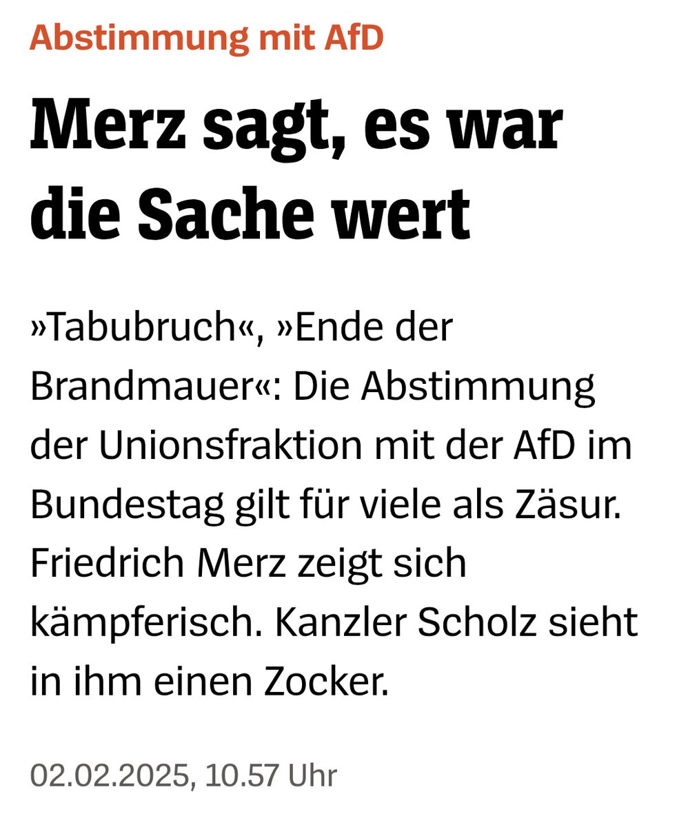 <a href="/baha_jam/">🅱️aha</a> Wisst ihr noch, damals, als Friedrich Merz für seinen populistischen Quatschantrag die Mehrheit mit der AfD gesucht hat und den dummen Unions-Wählern dennoch bis heute erzählt, eine Zusammenarbeit werde es nicht geben? 🤡