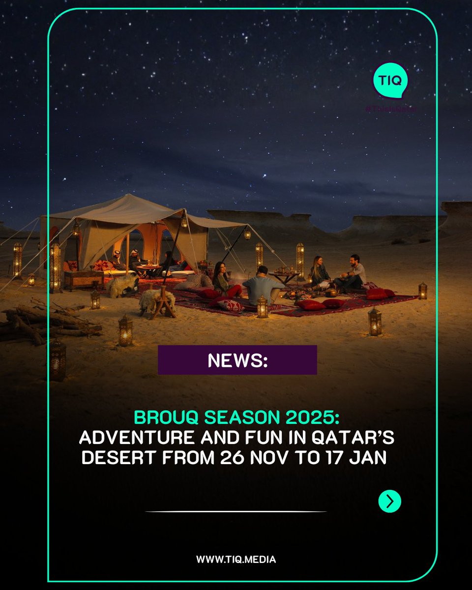 thisisqtr's tweet photo. Experience the magic of the desert like never before! Visit Qatar launches the second edition of Brouq Season from 26 November to 17 January, offering adventure, culture, and family fun across Qatar’s stunning west coast desert.
QAR 50 for adults, QAR 30 u-12 https://t.co/R77yJz75kV