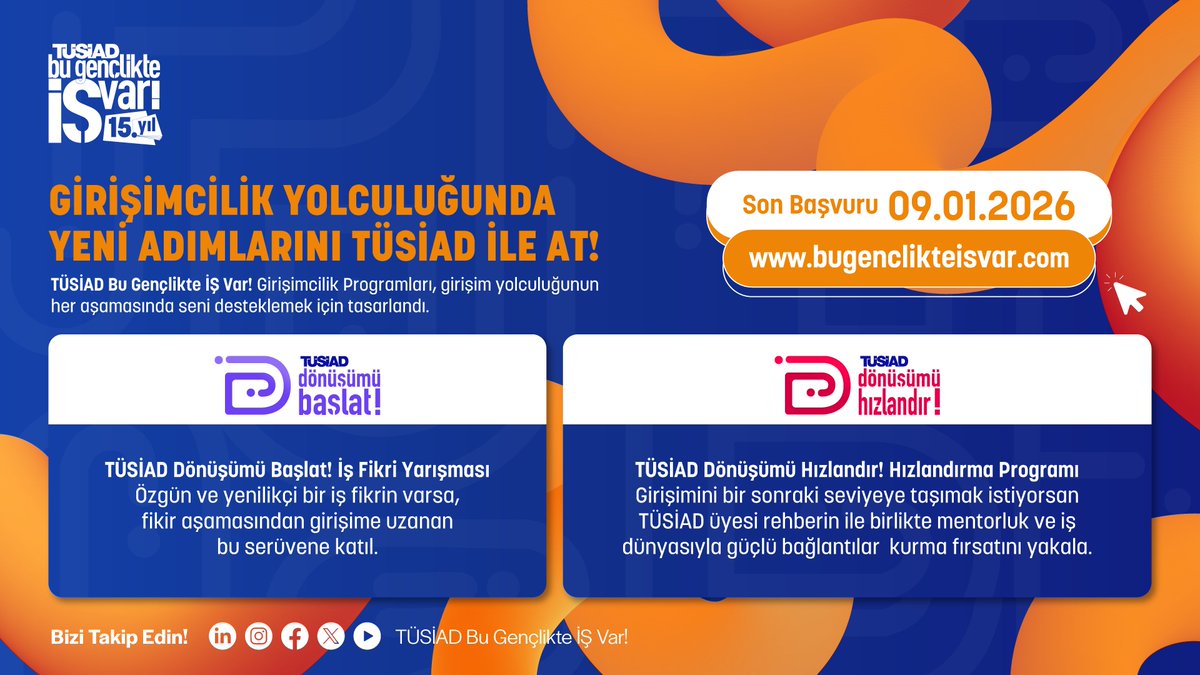 TÜSİAD Dönüşümü Başlat! İş Fikri Yarışması başvuruları başladı.

Dönüşümü Başlat! İş Fikri Yarışması, gençlerin yenilikçi fikirlerini iş dünyasıyla buluşturmalarını hedefliyor.
Program, 18–30 yaş arası gençleri iş fikirlerini somut bir iş modeline dönüştürmeye teşvik ederken,