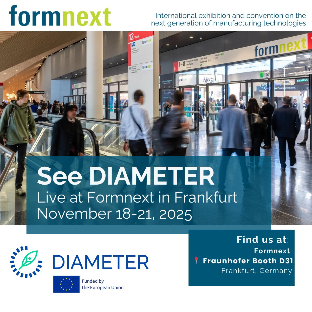 diameter_eu's tweet image. DIAMETER is heading to #Formnext 2025 in Frankfurt 🇩🇪
Our partner @Fraunhofer IWU will showcase the first DIAMETER demonstrator parts – hybrid-manufactured turbine blades combining LPBF and milling – at the Fraunhofer booth D31.

Let’s talk sustainable #AdditiveManufacturing