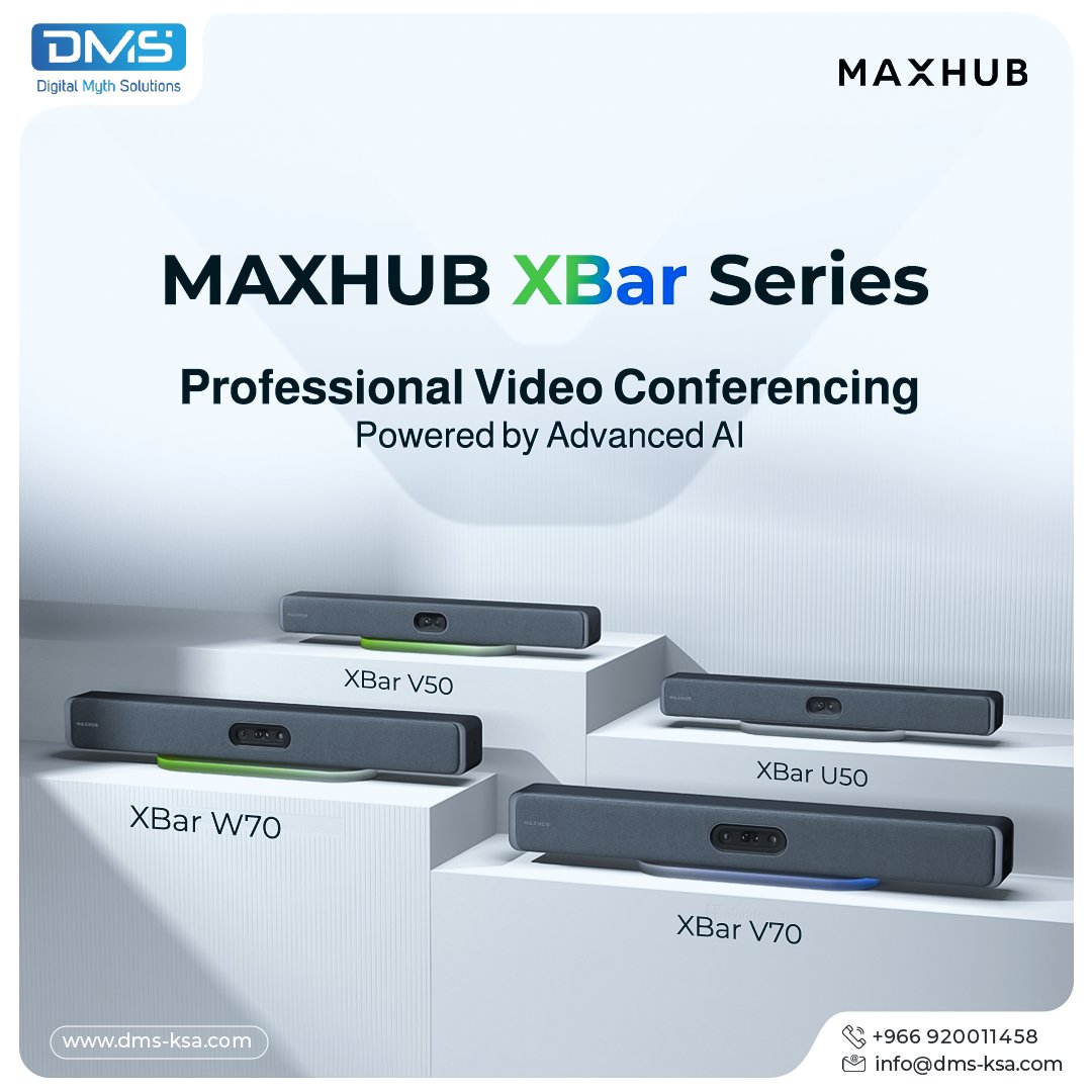 MAXHUB XBar Series brings studio-grade video, powerful audio, and smart AI speaker tracking to any meeting room.
Choose from W70/V70 for large rooms or V50/U50 for small &amp; medium rooms.
Boost your conferencing experience today.
📞 +966920011458 | info@dms-ksa.com