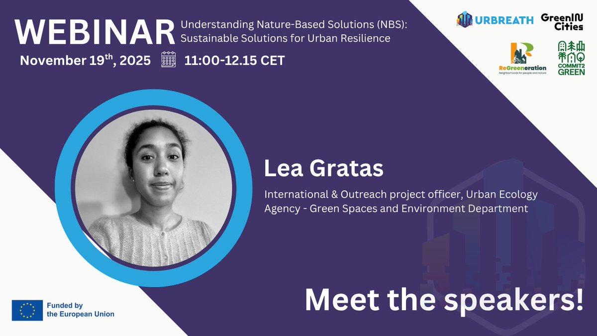 URBREATHProject's tweet image. Meet the speakers of our upcoming #webinar!

🎤Lea Gratas, Urban Ecology Agency - Green Spaces &amp;amp; Environment Department
 
Discover how #NatureBasedSolutions are transforming cities for people &amp;amp; nature!

🗓 19 Nov | 11:00 CET

Register 🔗 shorturl.at/5n2Jk

#URBREATH_eu