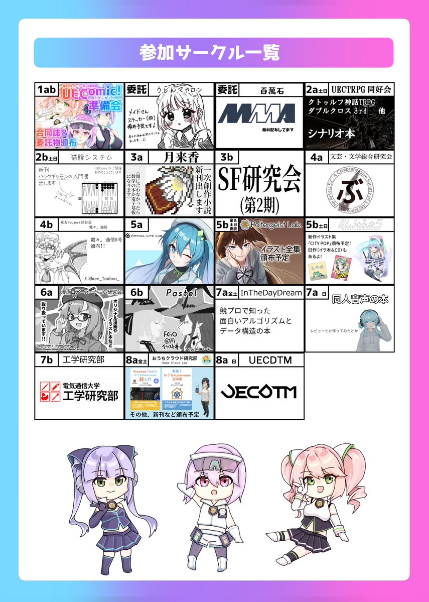 uecomic's tweet image. 改めてUEComic!9のお知らせです！
・日付：11/21（金）～23（日）
・時間：全日10時～17時（閉場時間は調布祭より1時間早いです！）
・場所：旧C棟1階ロビー
3日間で計18サークルが出展します。また準備会ブースでは合同誌の頒布もございます！
皆様のご来場お待ちしております！！
#UEComic9 #調布祭