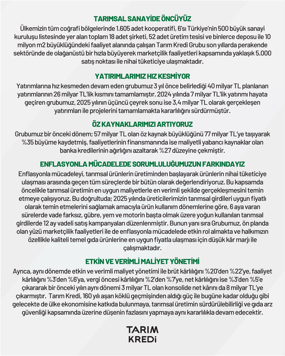 Genel Müdürümüz Hüseyin Aydın’ın Tarım Kredi Grubu 2025 yılı üçüncü çeyrek verilerini içeren açıklamalarına aşağıdaki linkten ulaşabilirsiniz.
rb.gy/y26msy