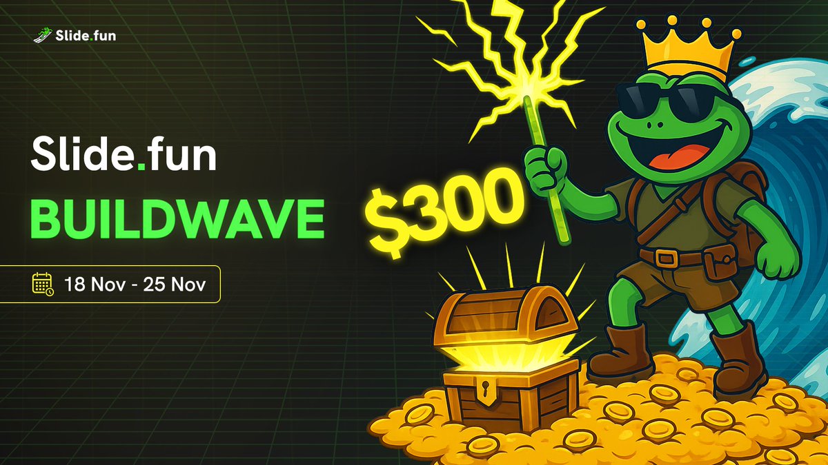 SlideFunBot's tweet image. 🔥 BUILDWAVE IS LIVE — $300 UP FOR GRABS

Ready to build the next wave on Slide.fun? 🌊

💰 Rewards: $300 total
• Top 10 most tokens created share $150
• Top 10 volume generated share $150 (your total volume during the campaign)

🔗 How it works:
1️⃣ Create at…
