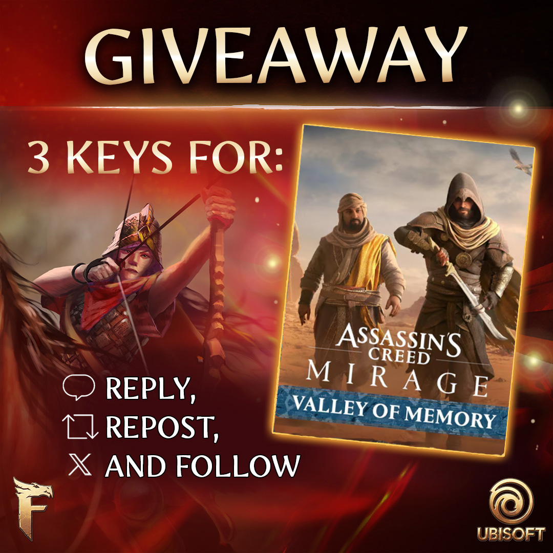 MightMagicFates's tweet image. NEW GIVEAWAY 🎁 

Let&apos;s celebrate the release of the Valley of Memory DLC for Assassin&apos;s Creed Mirage! 
We’re giving away 3 PC keys to our Fates community. 🥷 

💬 Reply 
🔁 Repost 
✅ Follow 

…for your chance to win! 

The winners will be selected on November 24, at 10 AM UTC.…