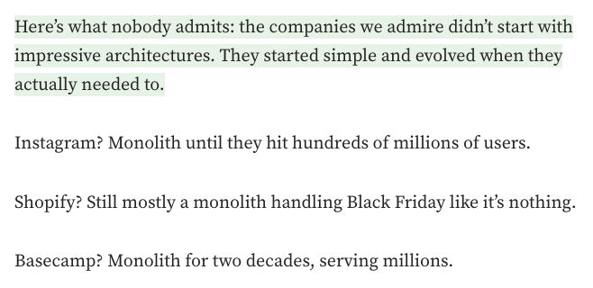 This here is why you don't really need a microservice architecture until you have many many users to deal with. Overengineering is real in 2025. 
Source: medium.com/@the_atomic_ar…
