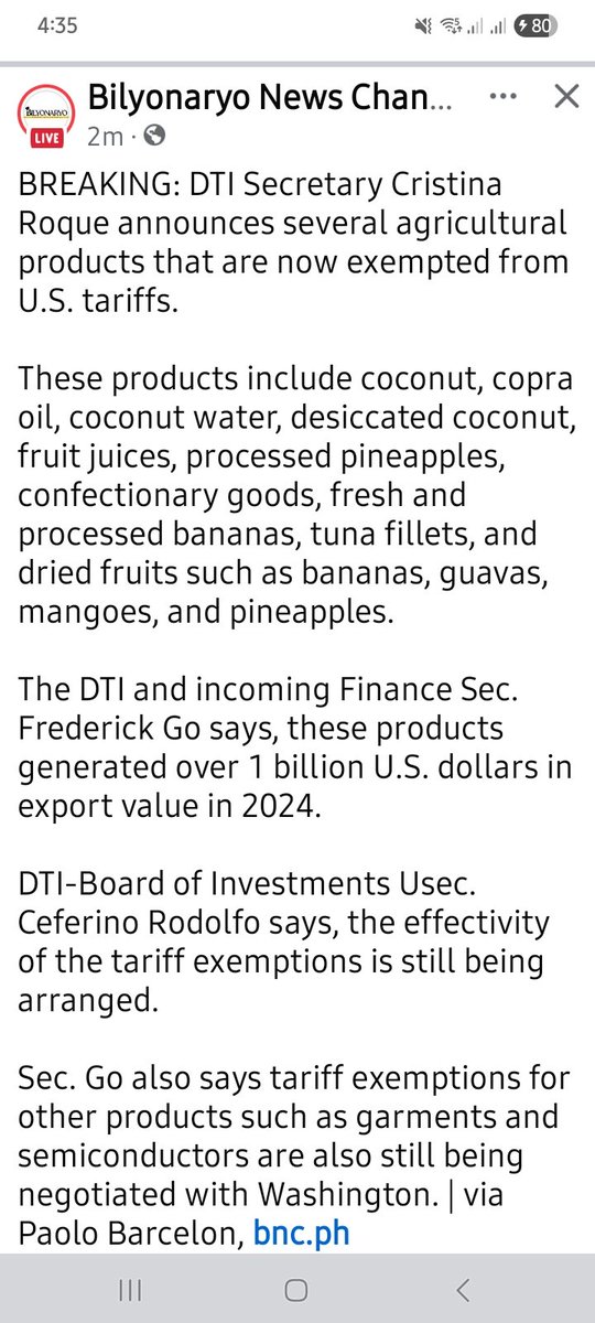 NgobzONLI's tweet image. Malaking tagumpay para sa Produktong Pinoy

Coconut, bananas, tuna, pineapples, at iba pa, ZERO US tariff sa EXPORT ayon sa DTI at incoming Finance Sec. Go.

Over $1B export value noong 2024! Sa #BagongPilipinas, ang mga magsasaka ang makikinabang. 

#PBBMGoodNews #ZeroUSTariff