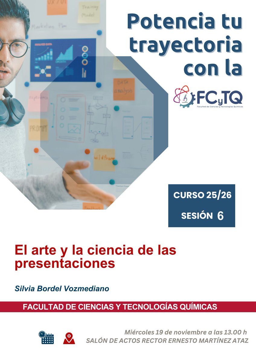 📣Potencia tu trayectoria con la FCTQ.
Sesión 6: El arte y la ciencia de las presentaciones, por Silvia Bordel Vozmediano.

¡Sigue aprendiendo cosas diferentes!