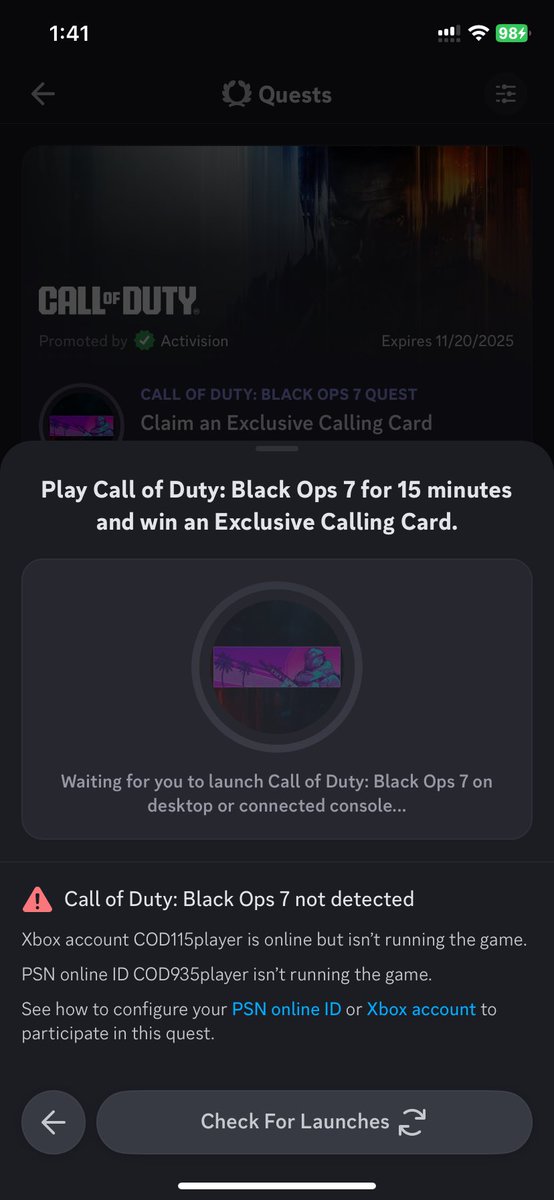 alexoliphant2's tweet photo. @discord_support 
i have had my game up for 1.5 hours, both my xbox is connected to my discord and my connection is connected to my Xbox account. Please help me. https://t.co/DGN0fnAGBy
