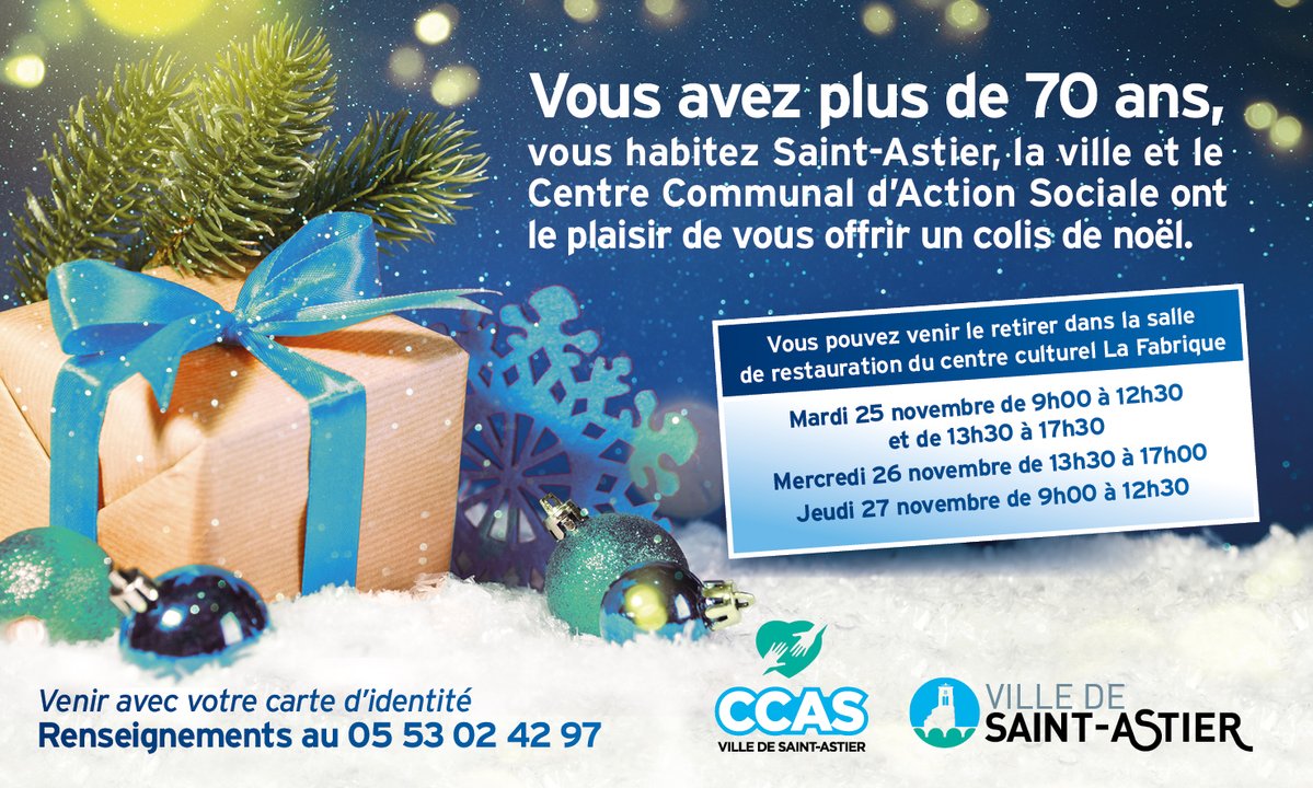 La commune de Saint-Astier et son CCAS offrent des paniers gourmands aux séniors Astériens ! Veuillez vous présenter à la salle de restauration du centre culturel le 25 novembre de 9h à 12h30 / de 13h30 à 17h30 ou le 26 novembre de 13h30 à 17h ou le 27 novembre de 9h à 12h30.