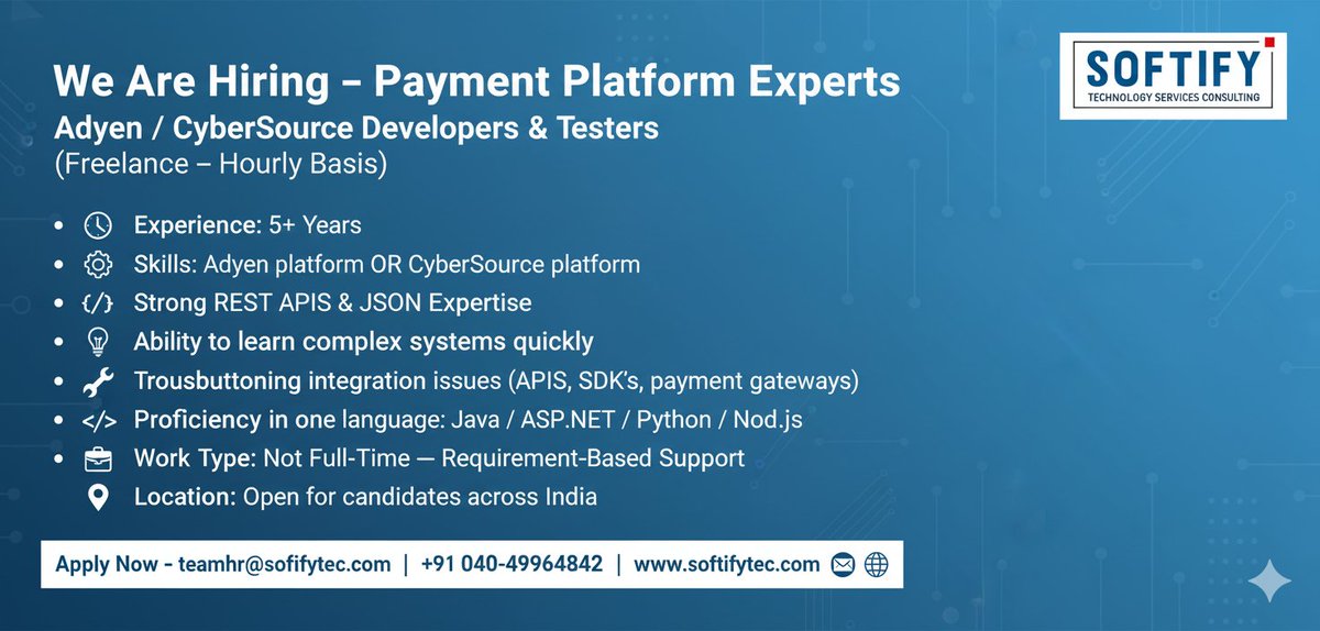 Softify_Tec's tweet image. 🚀 We’re Hiring!
Looking for Payment Platform Experts (Freelance / Hourly) at Softify Technologies.
✅ Exp. 5+ yrs
✅ Adyen OR CyberSource
✅ Java / ASP.NET / Python / Node.js
📩 Send profile: teamhr@softifytec.com
🌐 softifytec.com
#FreelanceDeveloper
