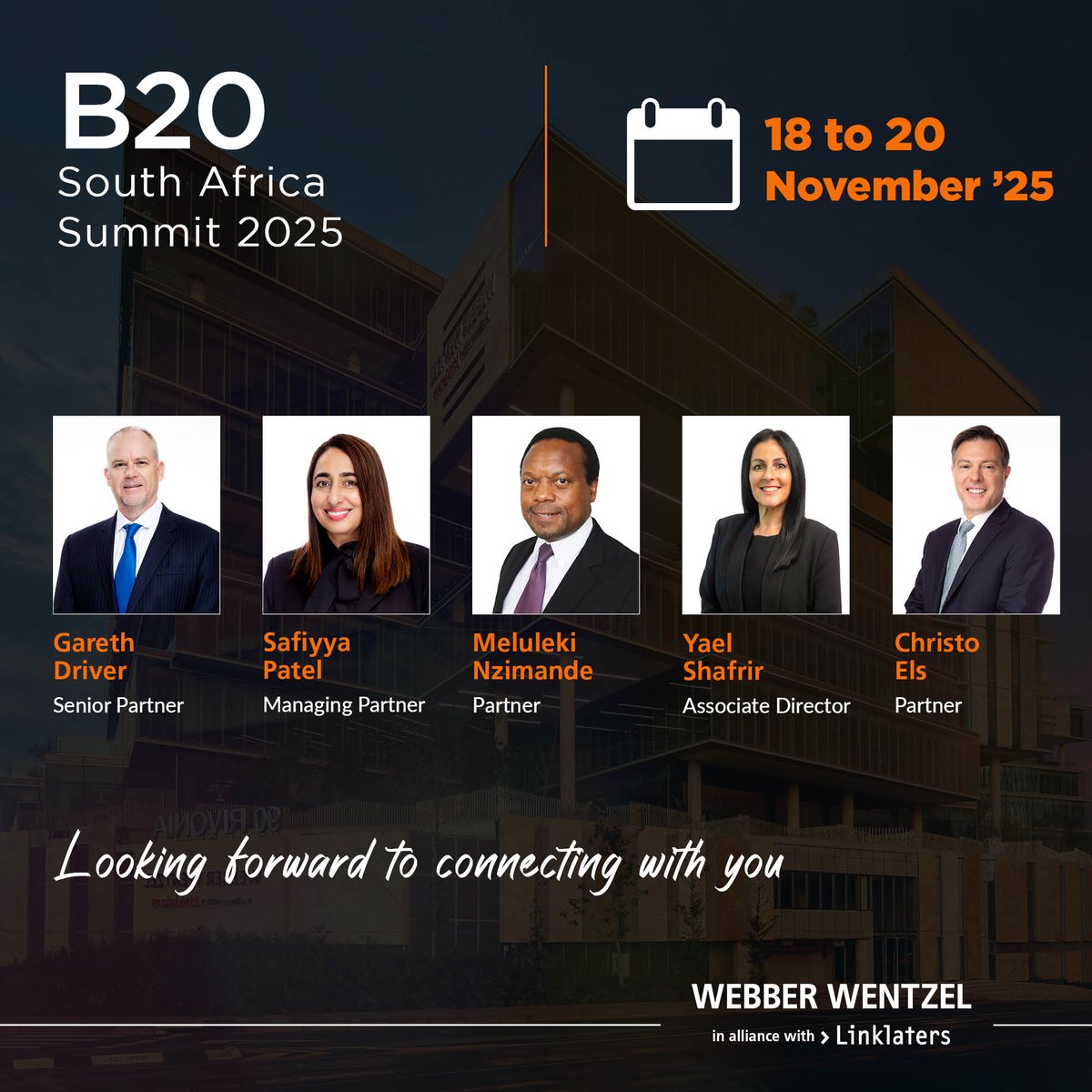 The B20 South Africa Summit 2025 is underway at the Sandton Convention Centre!

From 18 to 20 November, this global platform brings together policy leaders and decision-makers to explore bold partnerships and unlock opportunities for sustainable investment and long-term progress.