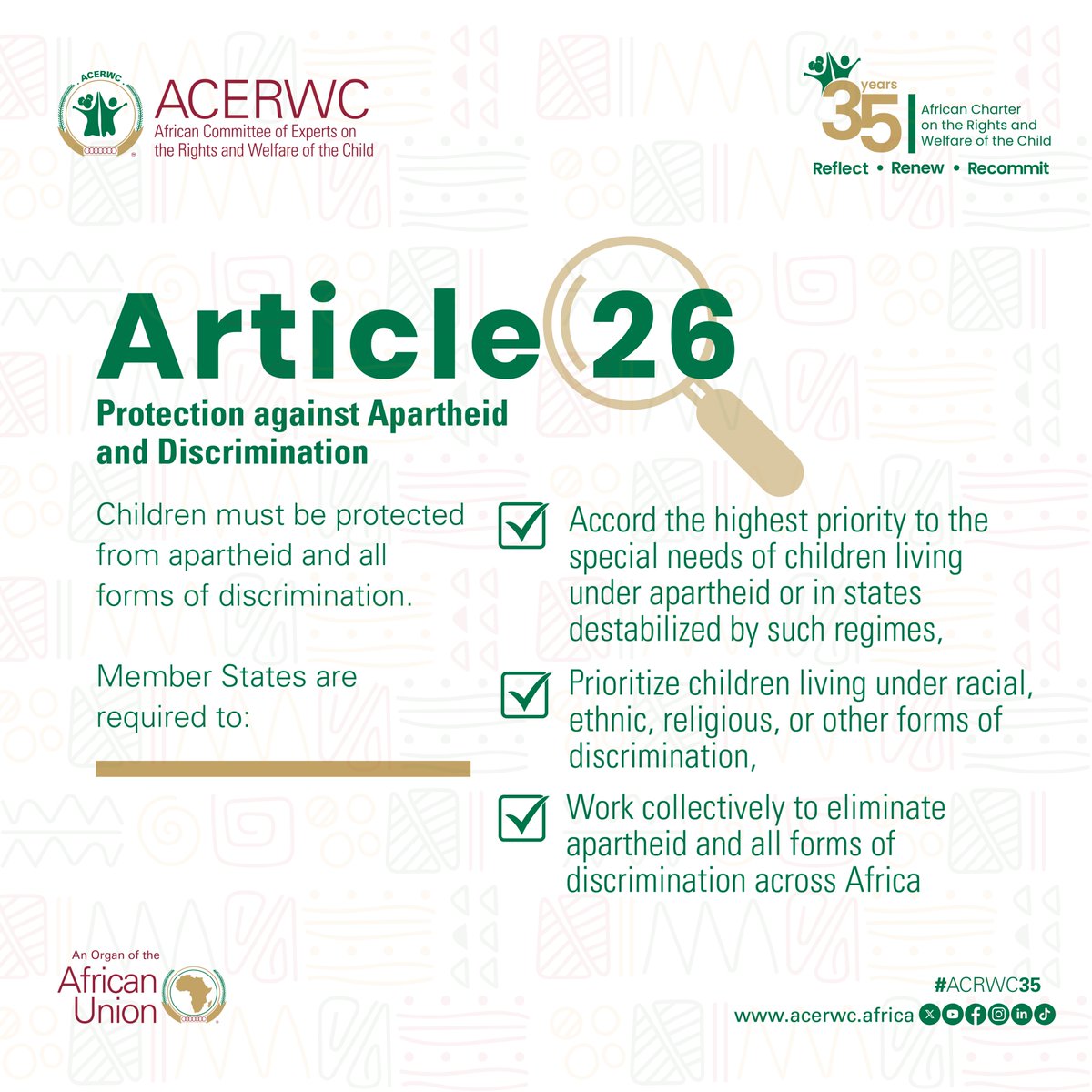 acerwc's tweet image. #ACRWC35 journey leads us to Article 26 (Protection against Apartheid and Discrimination).

Children must be protected from apartheid and all forms of #discrimination.

#AfricaFit4Children
#Agenda2040
