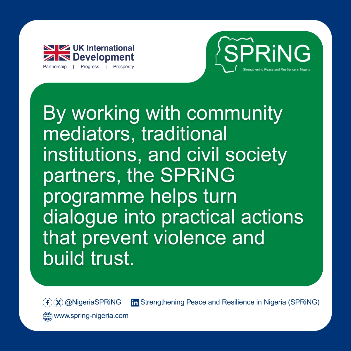 NigeriaSPRiNG's tweet photo. @UKinNigeria
@FCDOGovUK
@credoadvisory
@TheWCS
@The_Nextier
@KukahCentre
@GoGreenGOEHSI
@Bincike_Int 

#SPRiNGNigeria #Peacebuilding #Resilience #SPRiNGInAction #Resilience #LocalOwnership https://t.co/73RUf0v77h