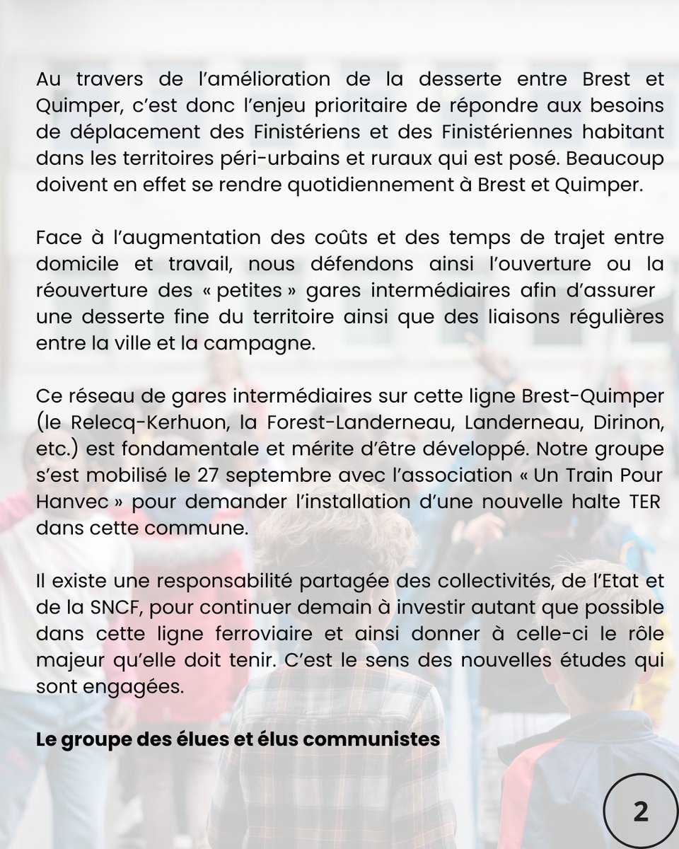 🚆 Améliorer la ligne Brest–Quimper est essentiel : petites gares, meilleure desserte, investissements État/SNCF.
Le train du quotidien doit redevenir un vrai service public. 

#Brest #Mobilités
