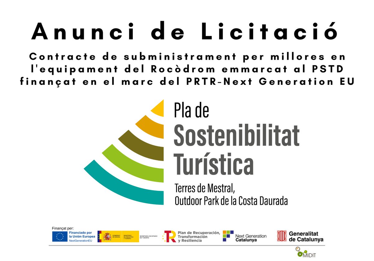 📢Bon dia! 
La <a href="/MIDIT2020/">MIDIT2020</a> publica una licitació de servei al perfil del contractant:

📌 Subministrament per millores en l'equipament del Rocòdrom emmarcat al PSTD finançat en el marc del <a href="/P_Recuperacion/">Plan de Recuperación</a> - Next Generation EU

+ info: contractaciopublica.cat/ca/detall-publ…