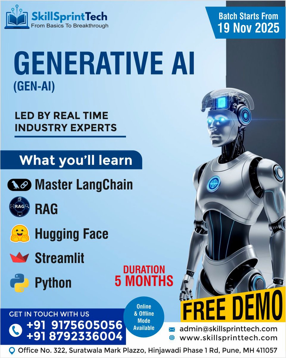 Skillsprinttech's tweet image. Unlock your future with cutting-edge Generative AI training! 🚀

Master LangChain, RAG, Hugging Face, Streamlit &amp;amp; Python — guided by real industry experts.

New batch starts 19 Nov 2025. Join now and level up your tech career✨

#GenerativeAI #AICourse #AITraining #LearnAI