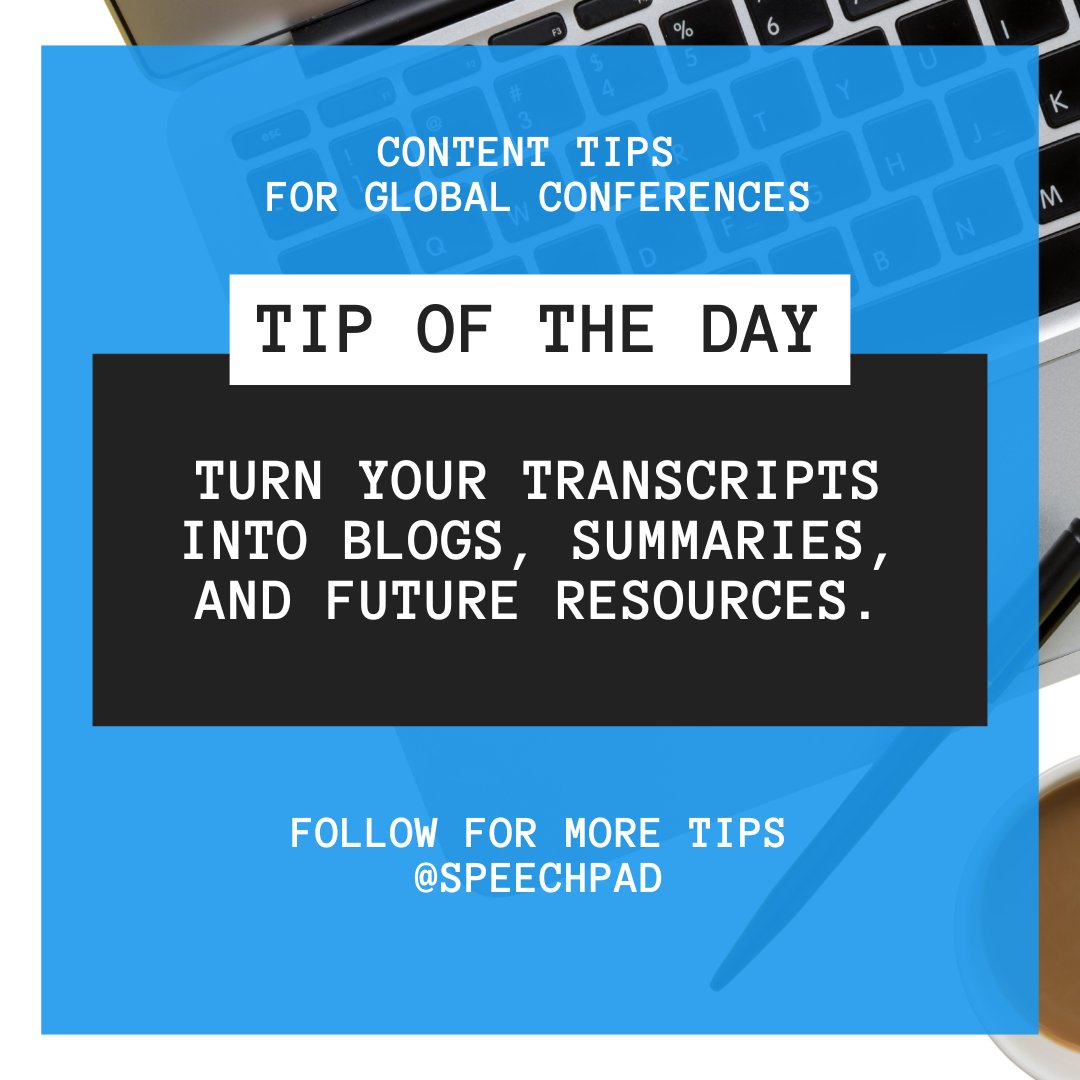 speechpad's tweet image. Turn your transcripts into new content. Pull standout quotes and ideas, then repurpose them into blogs, newsletters, or next year’s promotions.

Learn more: speechpad.com/conference-tra…

#EventProfs #GlobalConferences #AccessibilityMatters