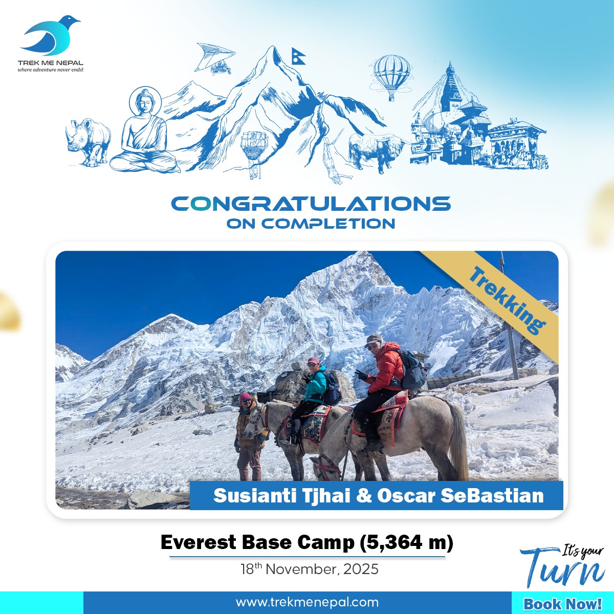 TrekMeNepal's tweet image. #Congratulations to our guest Susi &amp;amp; Oscar for successfully reaching the Everest Base Cam(5,364m) with @TrekMeNepal! 🎉
We wish you have an #unforgettable journey to the Cho La Pass &amp;amp; Gokyo lake. 🙏 

Book your dream journey with Us
🌐 Website: trekmenepal.com