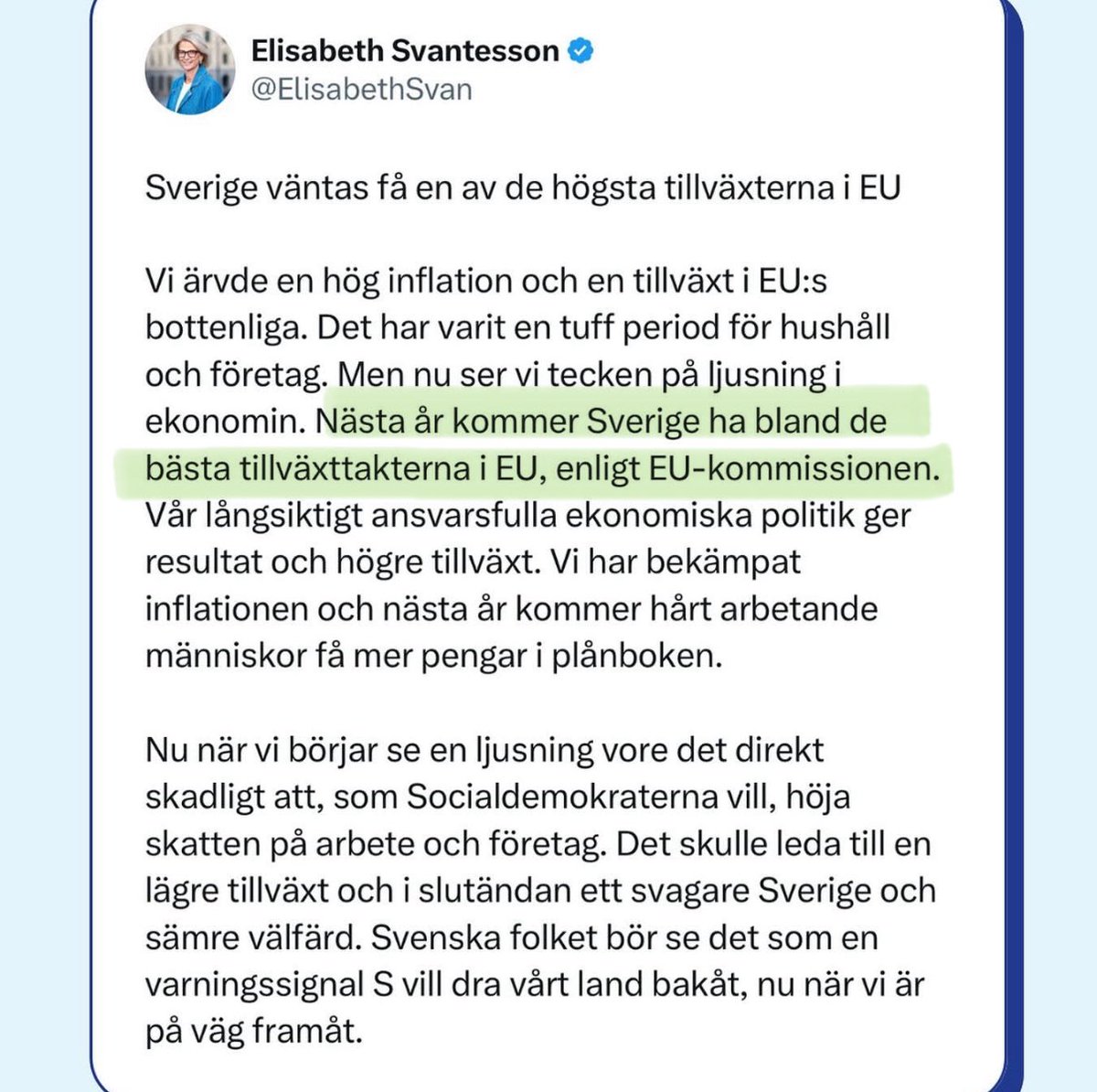 RichardHerrey's tweet image. Sveriges tillväxttakt bland de bästa i EU nästa år enligt prognoserna.

Det är därför Socialdemokraterna i dagarna gått man ur huse för att sprida den motsatta bilden om svensk ekonomi. De vill helt enkelt sprida en falsk bild till väljarna, för att motverka de goda nyheterna som…