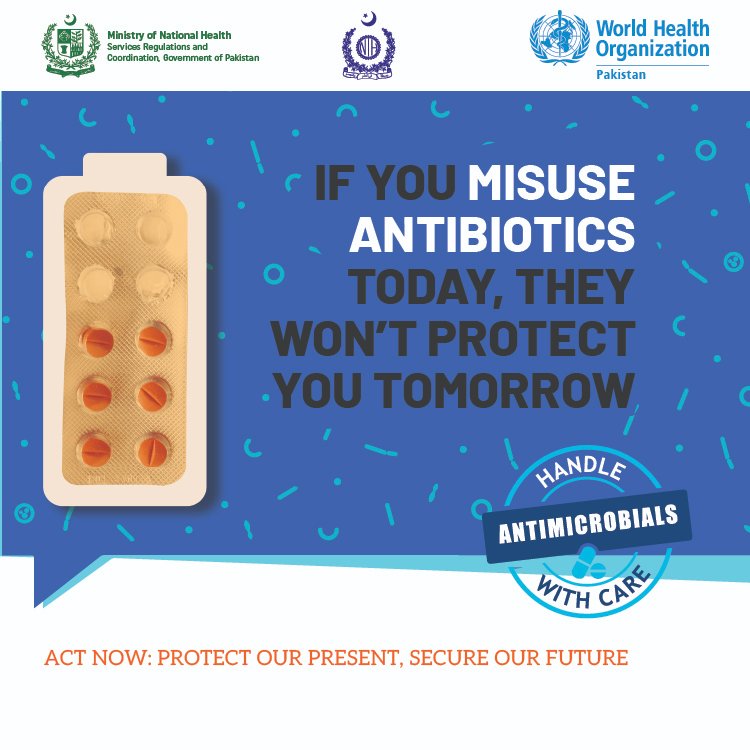 WHOPakistan's tweet image. As we commemorate #AMRAwarenessWeek  2025, remember that, if you misuse antibiotics today, they will not protect you when you really need them tomorrow.
Act now: Protect Our Present, Secure Our Future