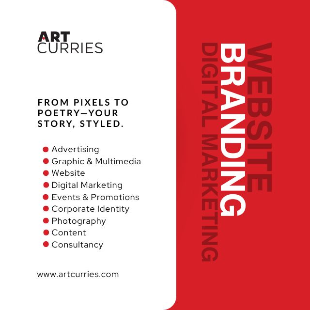 artcurries's tweet photo. From pixels to poetry, we translate your essence into unforgettable experiences. 

📍Advertising
🎨Graphic &amp; Multimedia
🌐Website &amp; Digital Marketing
🎤Events &amp; Promotions
📸Photography &amp; Content
🧠Consultancy &amp; Corporate Identity

🔗 https://t.co/x9IydrX0ow #ArtCurries https://t.co/vA7QcoXFHF