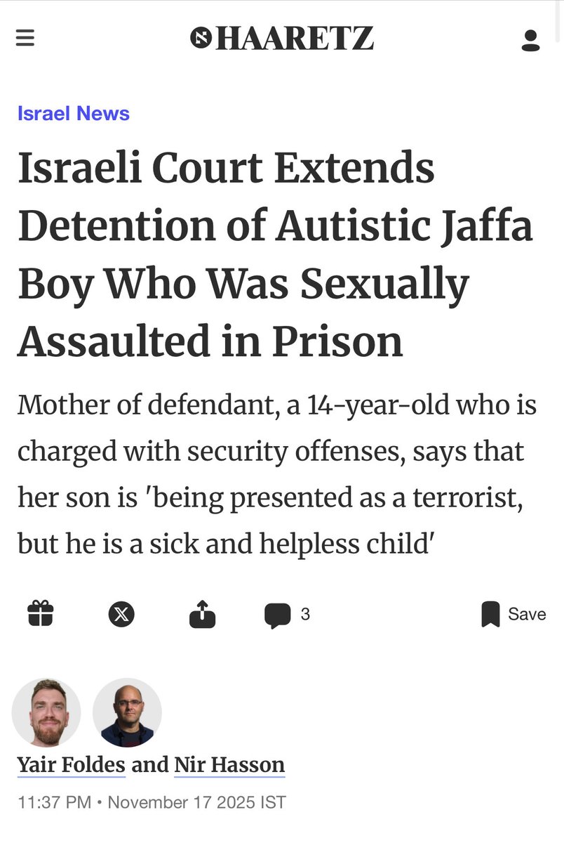 avantibionda's tweet image. Aveva raccontato che era stata picchiato e “costretto a fare certe cose” 
Il tribunale israeliano ha deciso che deve essere riportato nella stessa prigione ed esteso la sua detenzione in attesa di decidere cosa farne.
14 anni, autistico.
#IsraelEnemyOfHumanity
