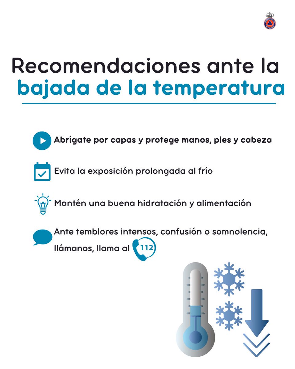 La @aemet_esp comunica de un descenso localmente notable de las temperaturas mínimas en regiones del centro norte.

Por ello facilitamos algunas recomendaciones ❄.

#frío #proteccióncivil #trescantos <a href="/ayto3cantos/">Ayuntamiento Tres Cantos</a>  <a href="/jmorenogarcia/">Jesús Moreno</a>