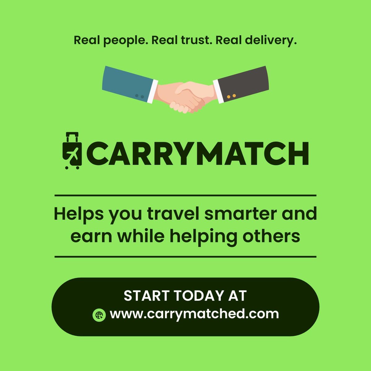 With <a href="/CarryM46414/">CarryMatch</a> Travel With Purpose. Earn With Ease.
CarryMatch connects trusted travelers with people who need  delivery.
Turn your free  luggage space into extra cash. . Sign up at carrymatched.com. #CarryMatch
