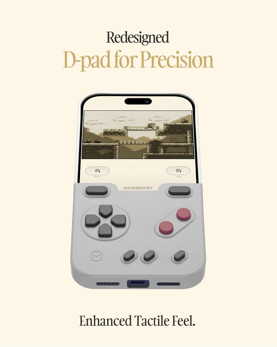 BitmoLab's tweet image. WHAT'S NEW ON GAMEBABY (iPhone 17 series)?

1.All-New Color: GAMEBABY Retro!
2.D-pad Uses 4 Independent Buttons
3.Improved Key Travel &amp;amp; Tactile Feel
4.Oval-Shaped Keycaps with Reinforced Lip
5.Optimized Clips for Easy Dismantling

.
#RetroGaming #GAMEBABY #GameBoy #iPhone17