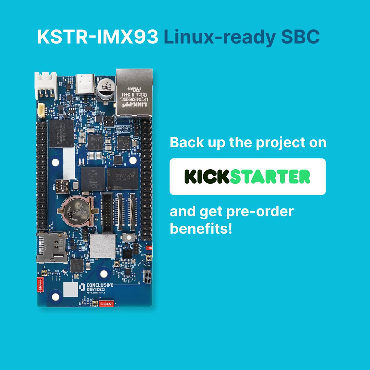 Conclusive_tech's tweet image. KSTR-IMX93: Multi-Protocol Linux Single-Board Computer: kickstarter.com/projects/c-eng… 
Nordic-powered connectivity meets Linux performance. Wi-Fi, LTE, Bluetooth, and Zigbee in one versatile SBC. @NXP @NordicTweets #EmbeddedDesign #IoT #EdgeComputing